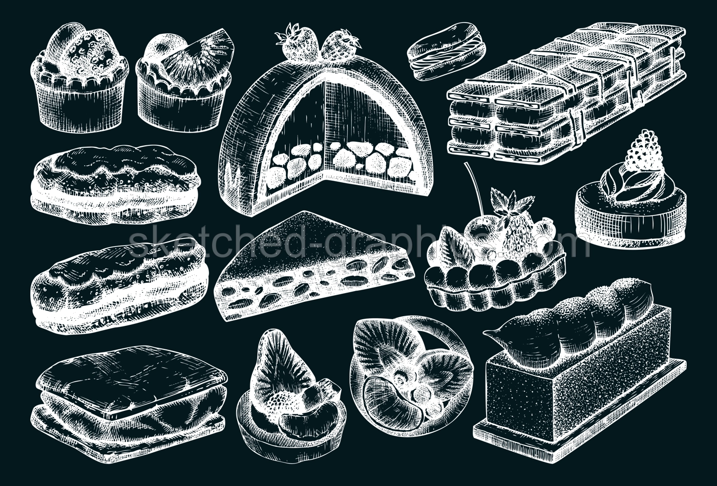 Hand drawn desserts illustrations set. Layer cakes, biscuits, eclairs,  vanilla slices, tartlets, cheesecake, meringue sketches on chalkboard. Vintage food drawing for confectionery or bakery shop Illustration